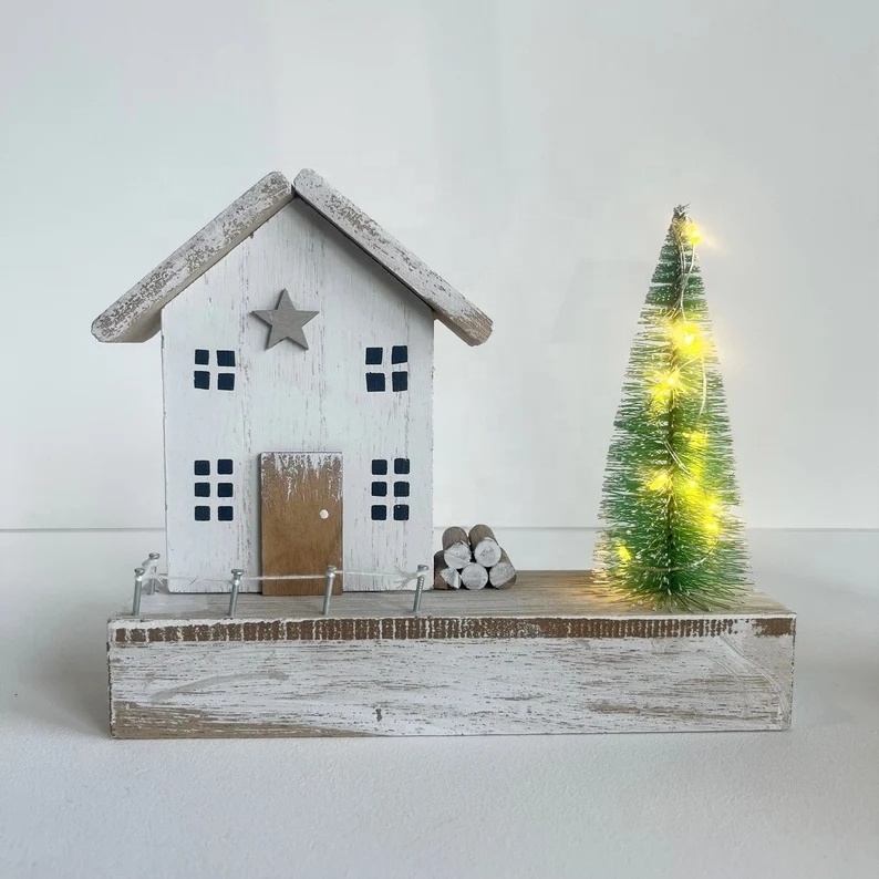 2024 Christmas Snow House Decoration LED Battery Power Wooden XMAS Village Ornaments