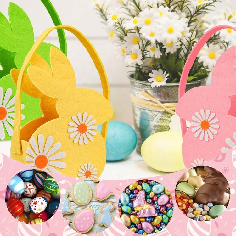 2024 Custom Easter Party Decoration Candy Gift Bags for Kids Flower Easter Tote Bags Felt Bunny Easter Basket with Handle