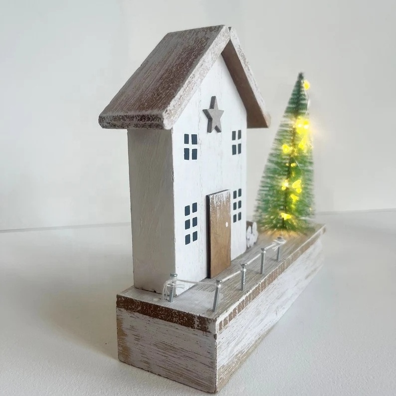 2024 Christmas Snow House Decoration LED Battery Power Wooden XMAS Village Ornaments