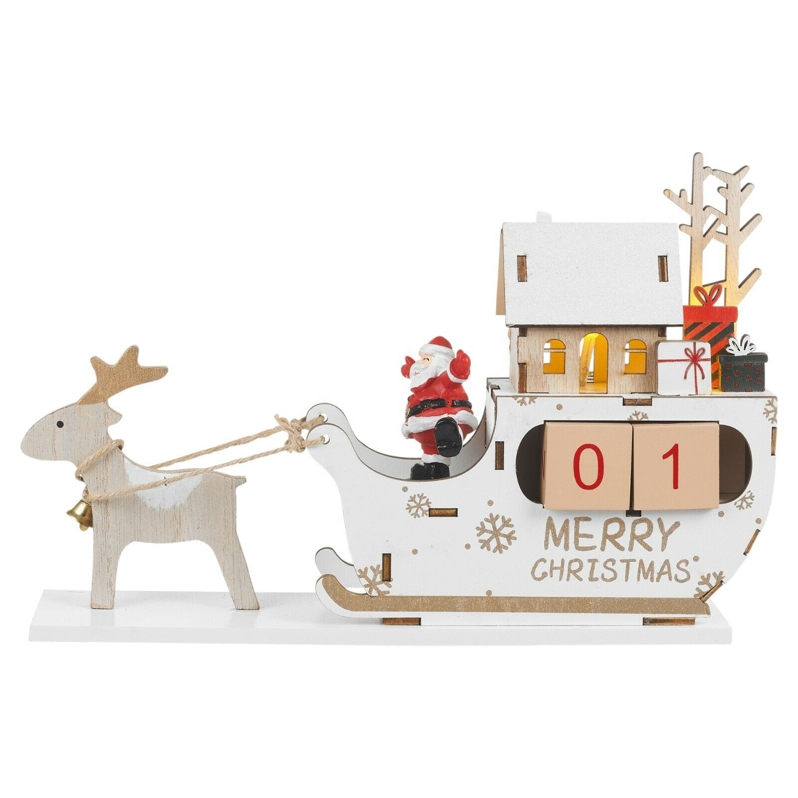 2024 New  Arrival  Wooden  Red  White Deer Sleigh 24 Days Christmas Countdown Calendar  for Christmas Desk Decor