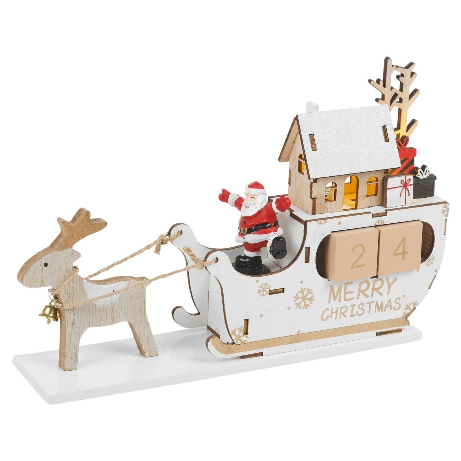 2024 New  Arrival  Wooden  Red  White Deer Sleigh 24 Days Christmas Countdown Calendar  for Christmas Desk Decor