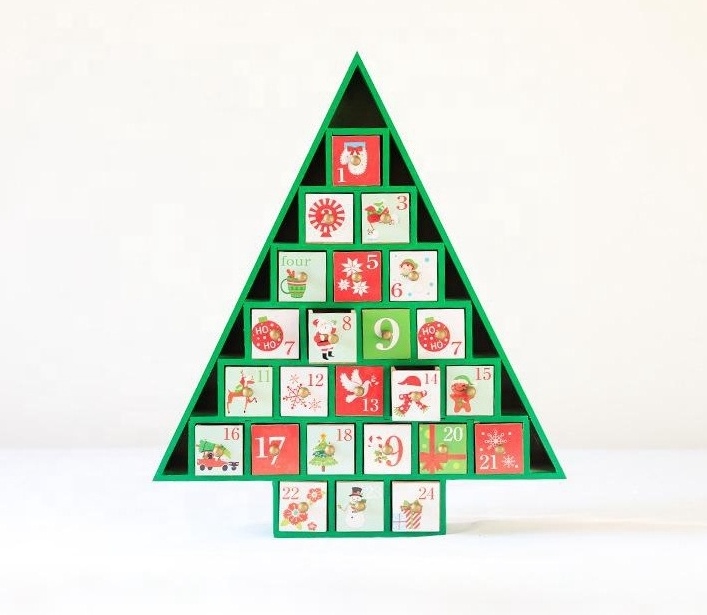 Colorful christmas tree shape wooden  24 drawers advent calendar wooden sublimation christmas countdown calendar