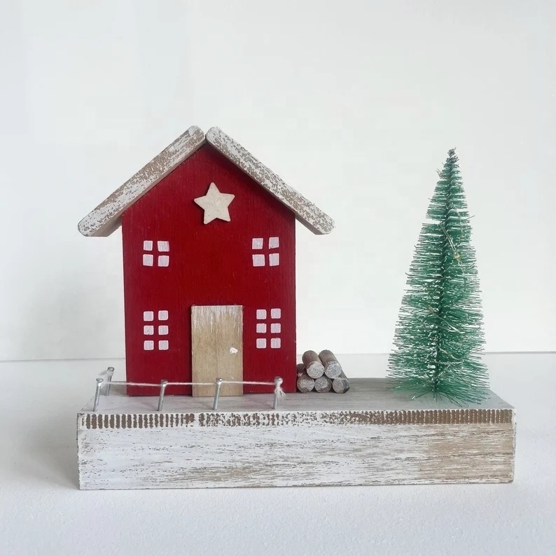 2024 Christmas Snow House Decoration LED Battery Power Wooden XMAS Village Ornaments