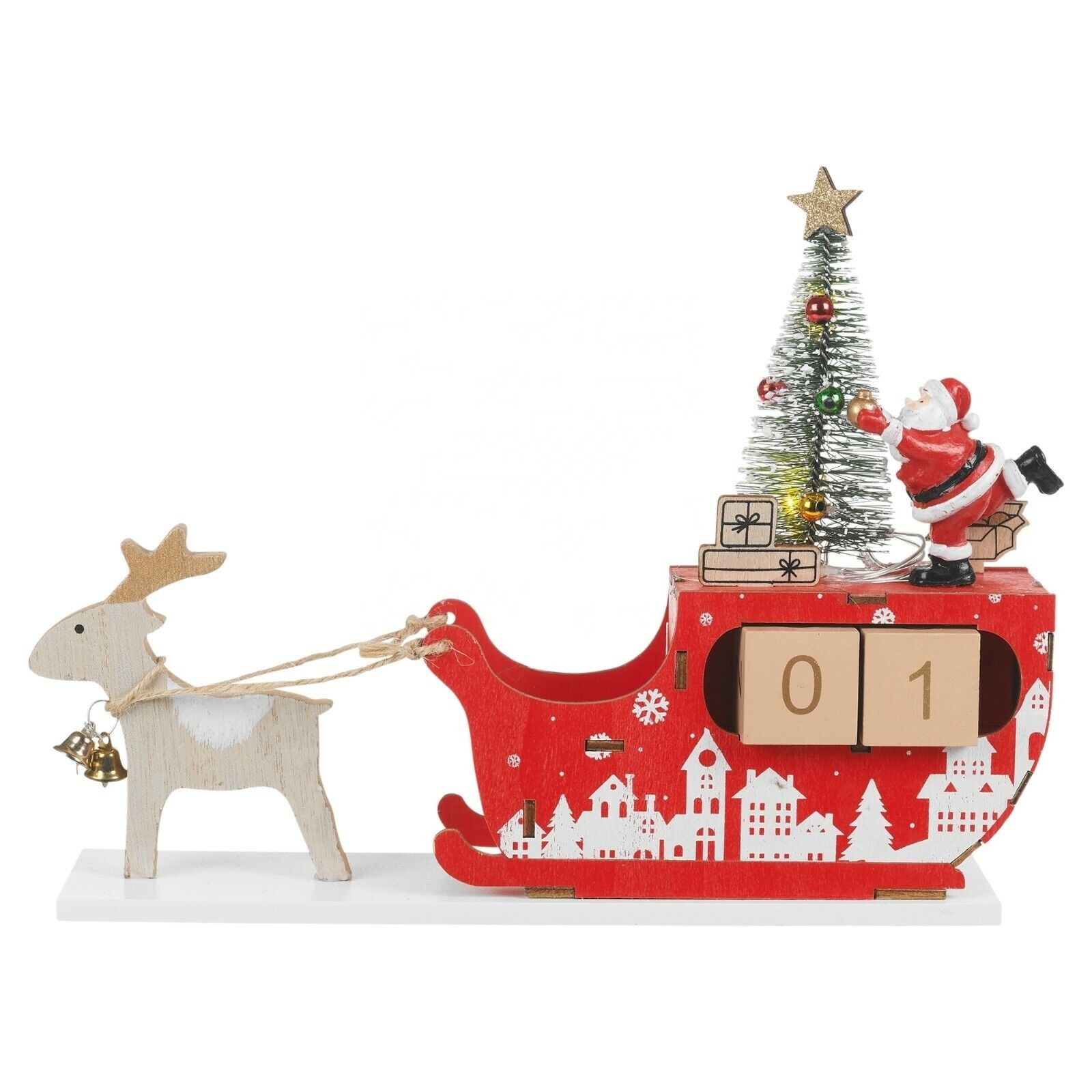 2024 New  Arrival  Wooden  Red  White Deer Sleigh 24 Days Christmas Countdown Calendar  for Christmas Desk Decor