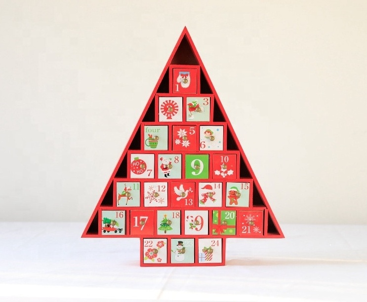 Colorful christmas tree shape wooden  24 drawers advent calendar wooden sublimation christmas countdown calendar