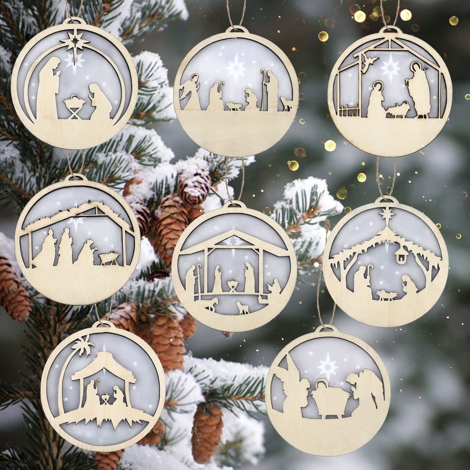 Laser 3D Cuttign Round Wooden Hanging Decoration Creative Christmas Nativity Scene Christmas Tree  Pendants