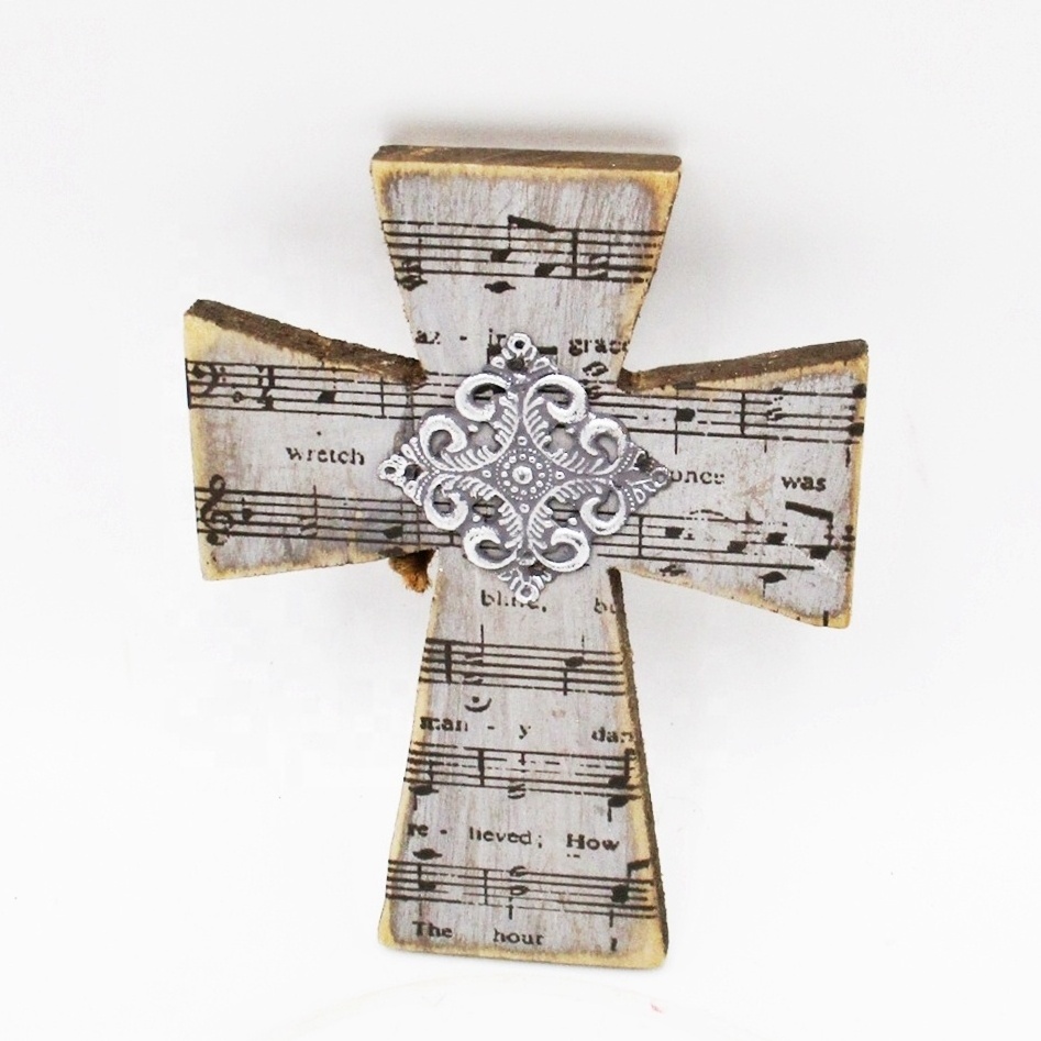 Wholesale Christian Products Novelty Wooden Small Crosses with Metal Flower Details for Souvenir