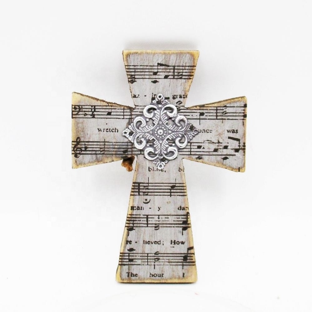 Wholesale Christian Products Novelty Wooden Small Crosses with Metal Flower Details for Souvenir