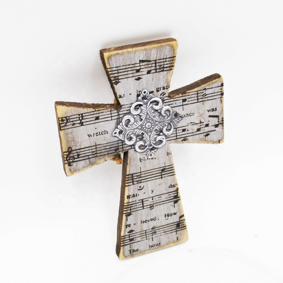 Wholesale Christian Products Novelty Wooden Small Crosses with Metal Flower Details for Souvenir