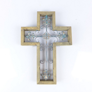 Wholesale Rustic Wooden Standing Hanging Cross with Turquoise Distress Metal Details Decorative Religious Christian Ornaments