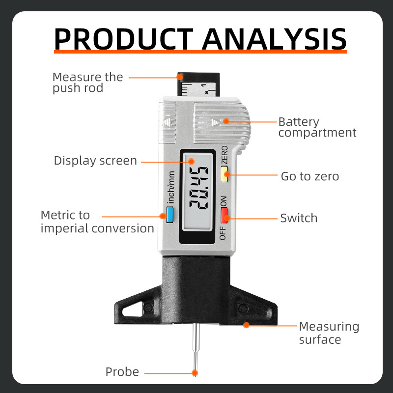 Tread depth digital micrometer measuring vehicle tire tire gauge