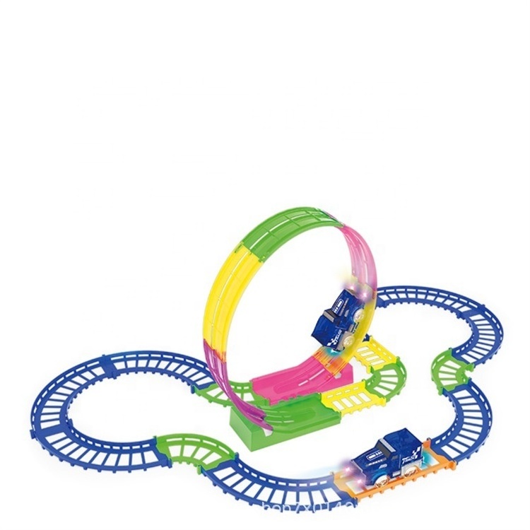 24pcs Hot Plastic Diy Rail Trck Toy Alloy 4 Wheel Car Double Circle Ring 360 Glow In The Dark Railway Rail Track Toy With Lights