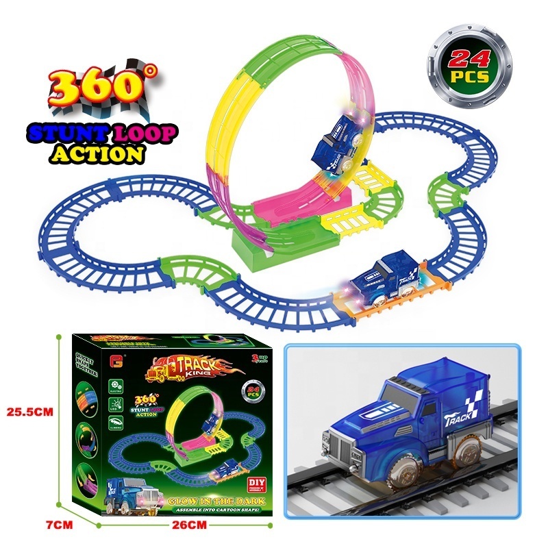 24pcs Hot Plastic Diy Rail Trck Toy Alloy 4 Wheel Car Double Circle Ring 360 Glow In The Dark Railway Rail Track Toy With Lights