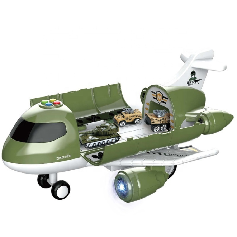 Plastic Friction Inertia Light Sound Transport Cargo Military Airplane City Plane Toy With Vehicle Car Set For Kids Toddler