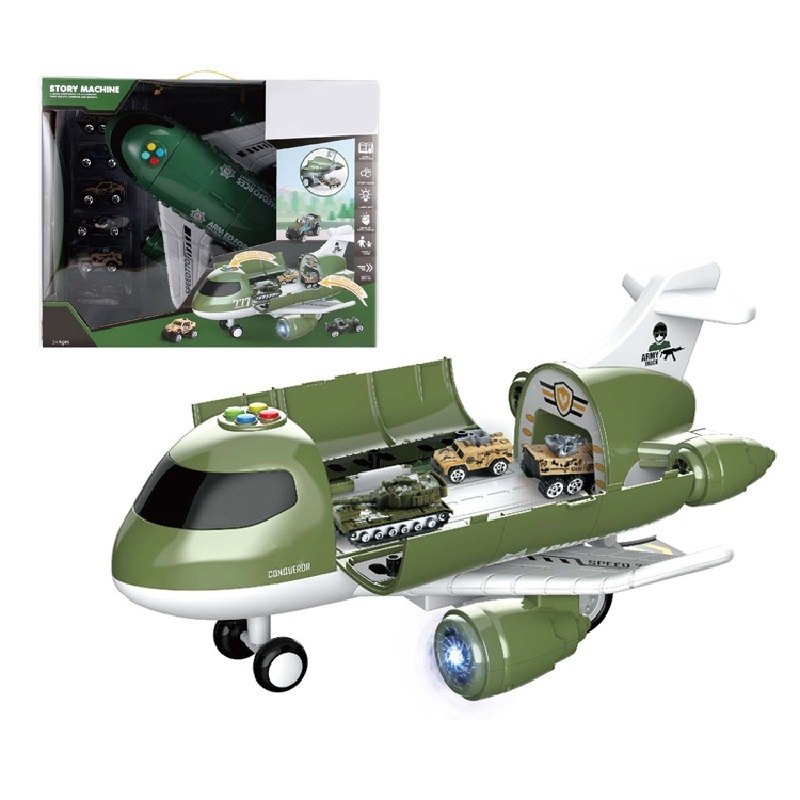 Plastic Friction Inertia Light Sound Transport Cargo Military Airplane City Plane Toy With Vehicle Car Set For Kids Toddler