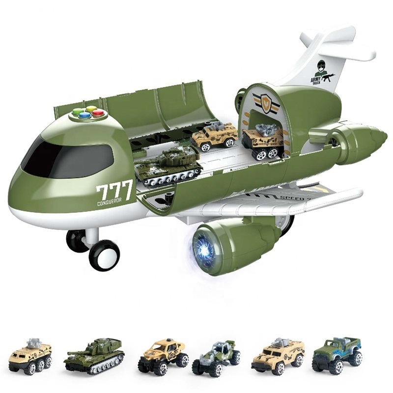 Plastic Friction Inertia Light Sound Transport Cargo Military Airplane City Plane Toy With Vehicle Car Set For Kids Toddler