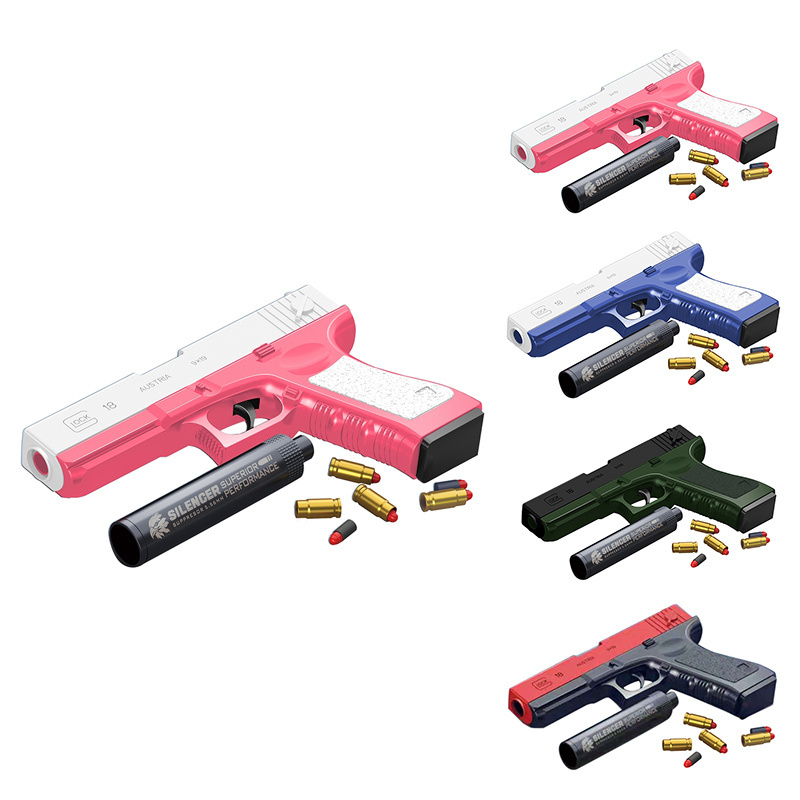 New Pink Shooting Toy Clip Silencer Eva Manual Loading Plastic Small Soft Bullet Pistol Shelled Ejection Gun