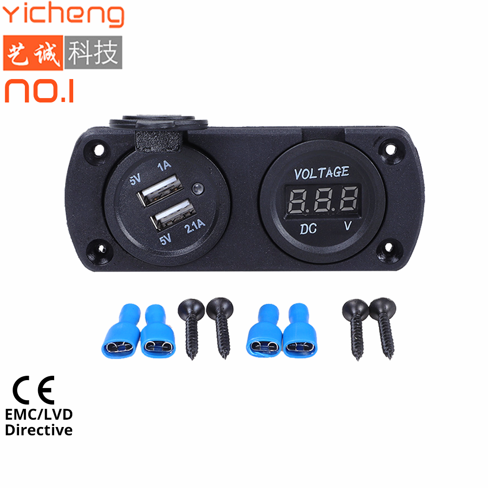 DC 12V 24V 2 Port Dual Bus Boat Marine Car Panel Mount USB Charger Socket, Digital Voltmeter for Phone Power Charging