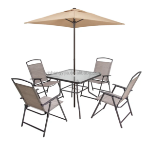 Patio furniture set includes one table four chairs one market umbrella