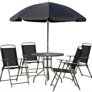 6 Piece black Patio Garden Set with Glass Table Tan Umbrella and 4 Folding Chairs