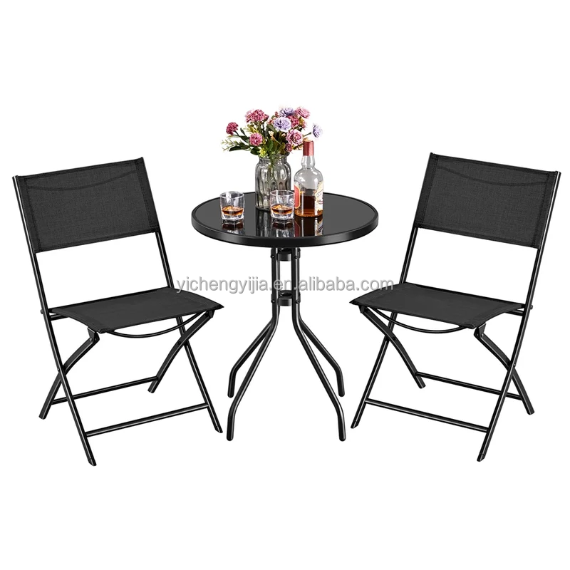 3 Piece Cheap Wholesale Modern Metal Iron Folding Foldable Outdoor Chairs Table Garden Furniture Balcony Patio Bistro Set