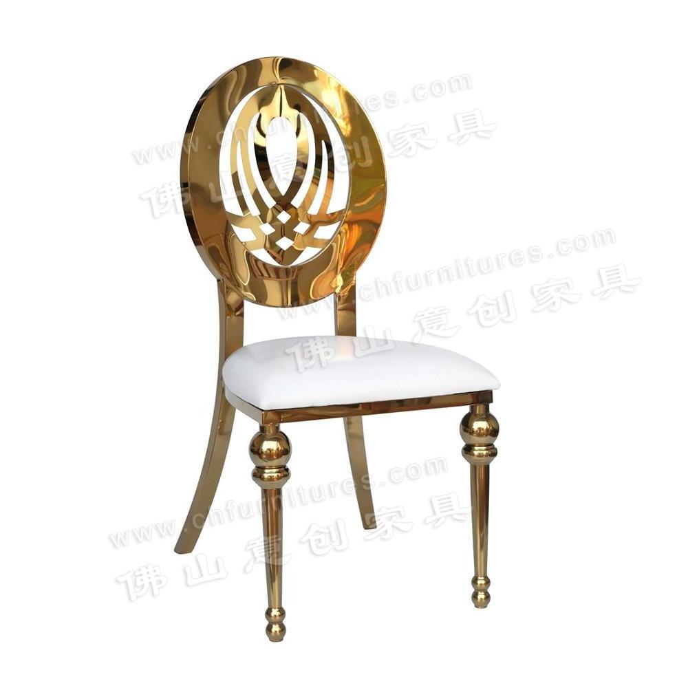 Hotel noble stacking guests chair, restaurant gold and silver event stainless steel wedding dining chair and table sets