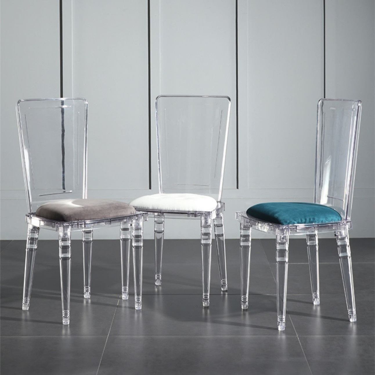 High quality banquet dining chairs event wedding crystal clear transparent acrylic chair with cushion