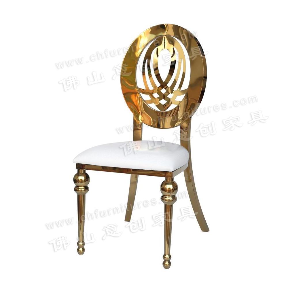 Hotel noble stacking guests chair, restaurant gold and silver event stainless steel wedding dining chair and table sets