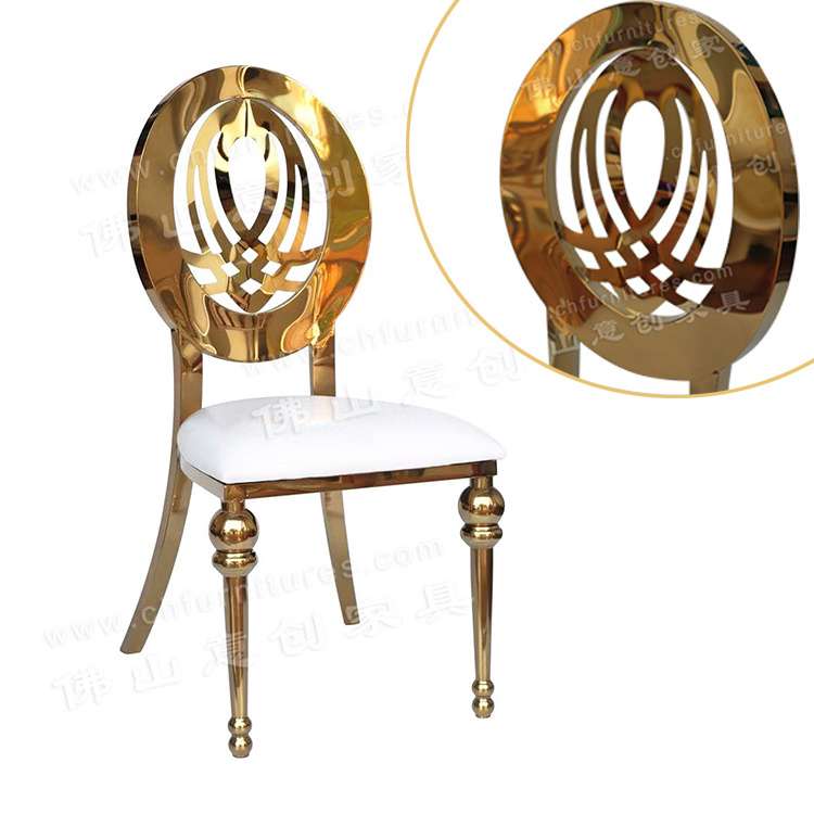 Hotel noble stacking guests chair, restaurant gold and silver event stainless steel wedding dining chair and table sets