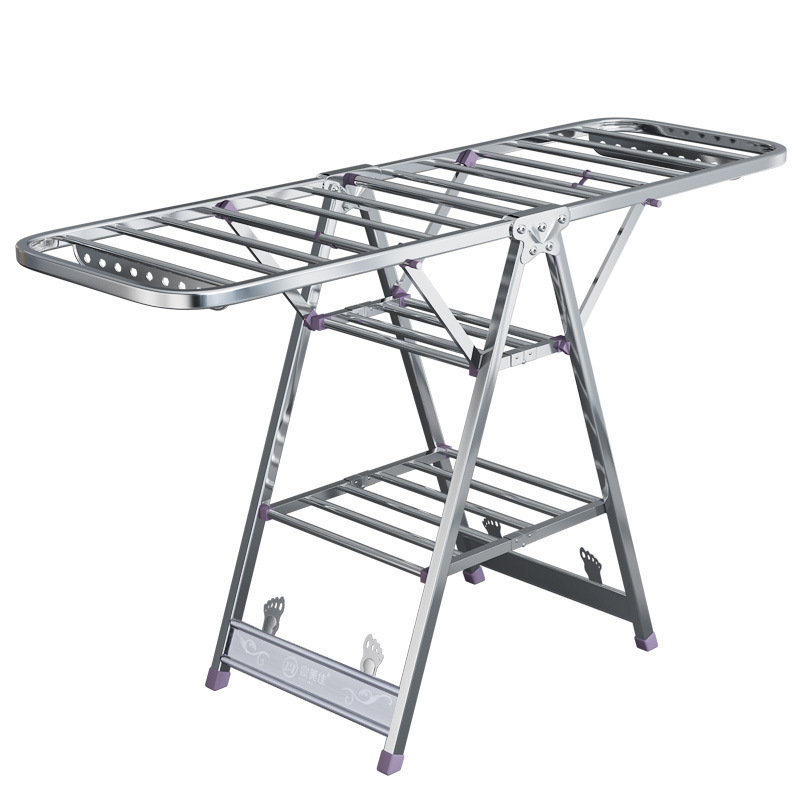 Indoor and outdoor stainless steel height adjustable space-saving freestanding folding two-tier drying rack