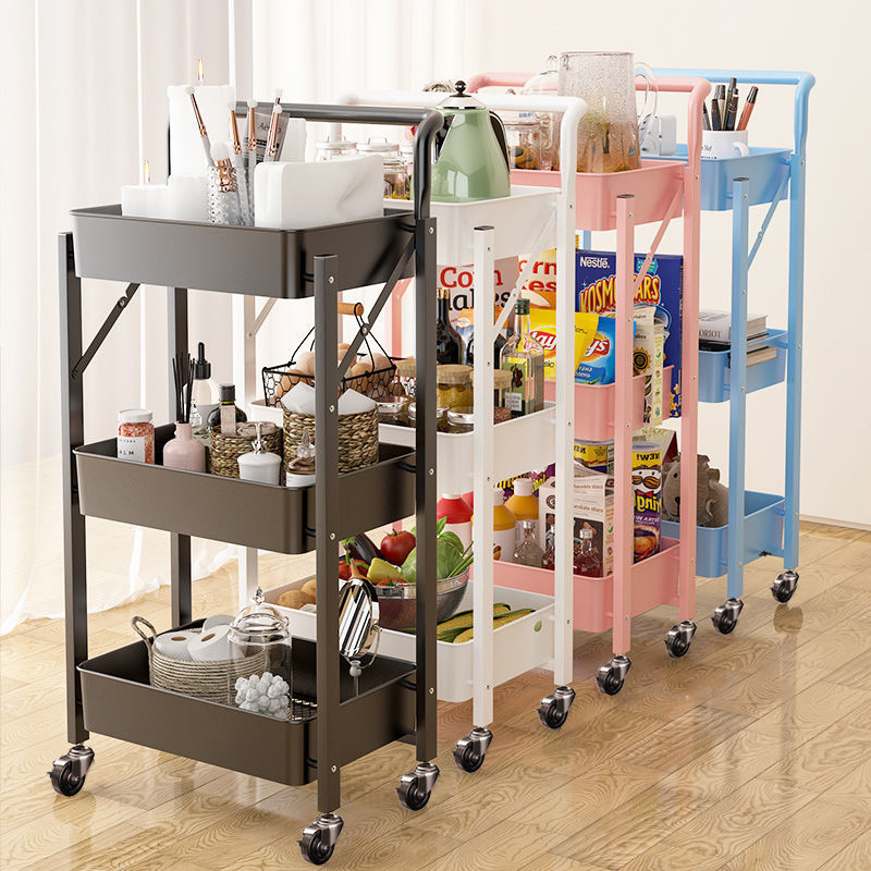 Free installation folding shelves kitchen storage rack portable mobile cart