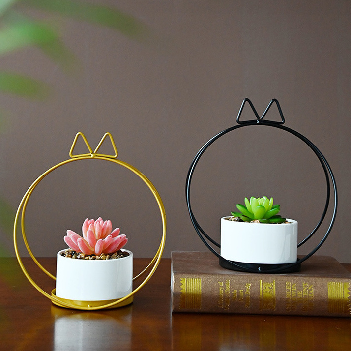 Hot Sales Mini Ceramic Succulent Flower Pots with Metal Stand Birthday Gifts for Women Pack of Kits for Plant Lovers