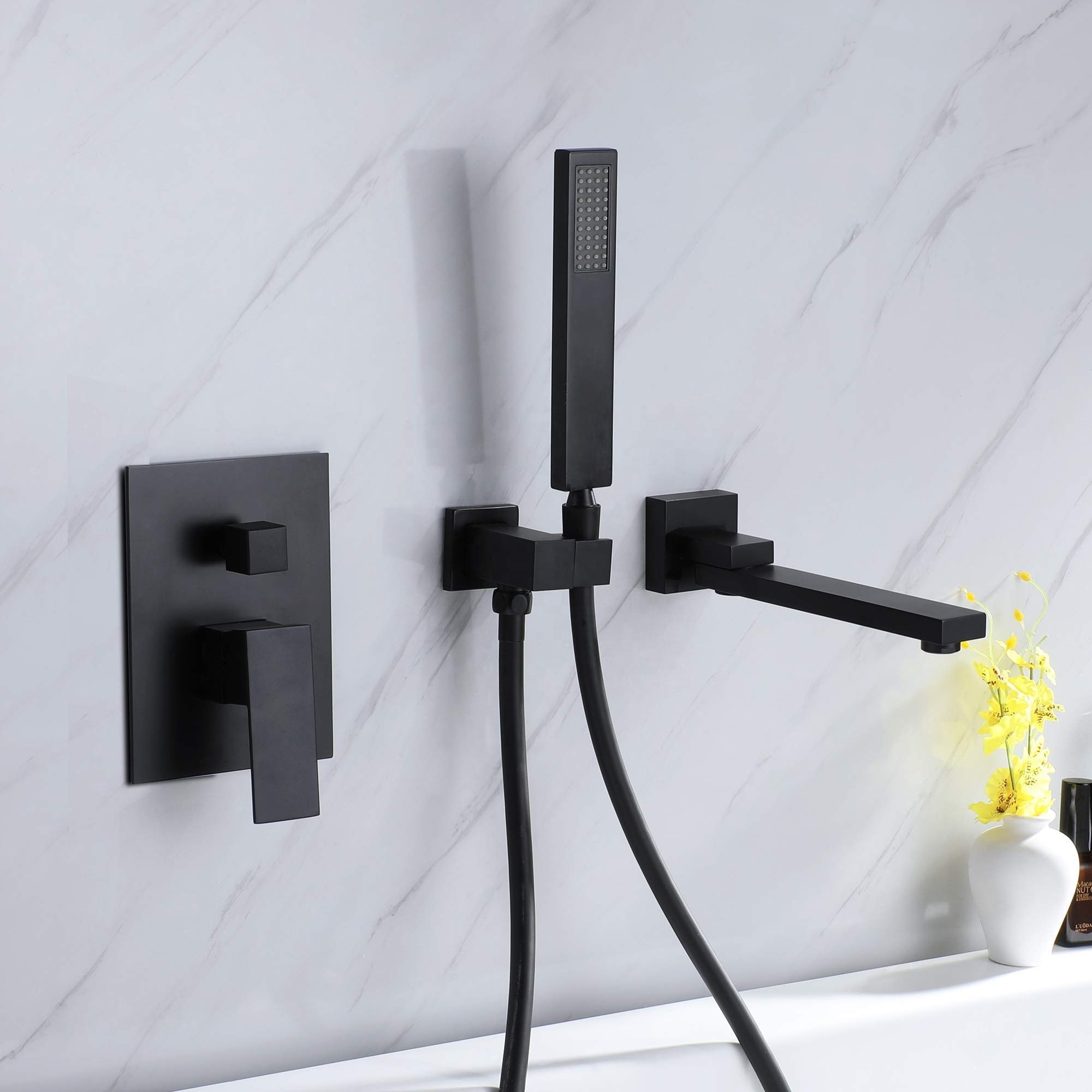 Wall Mounted Bathtub Faucet with Hand Shower Matte Black, Wall Mount Tub Filler Faucet Solid Brass