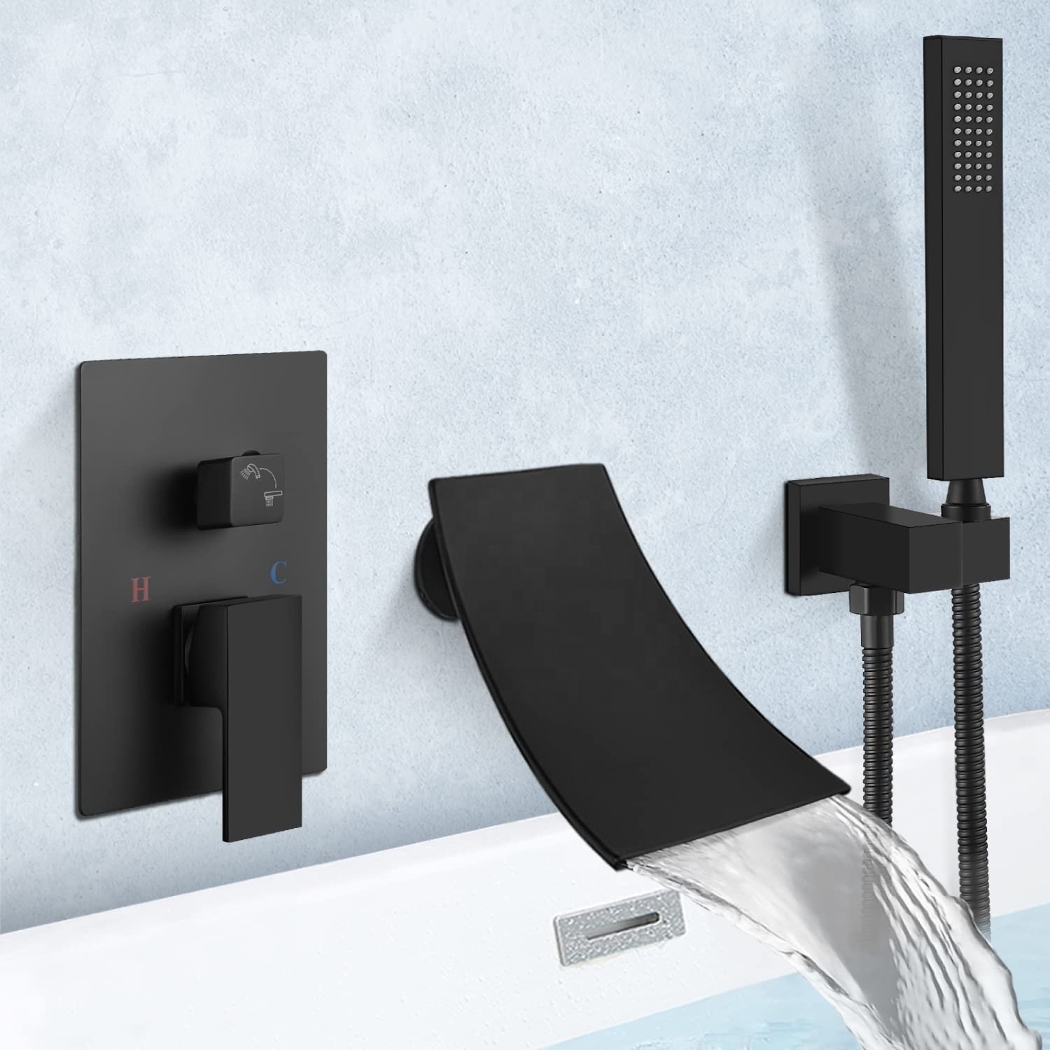 Waterfall Bathtub Faucet Wall Mounted and Hand-held Shower Tub Spout Bathroom Tub Filler One Handle Matte Black Shower Kit