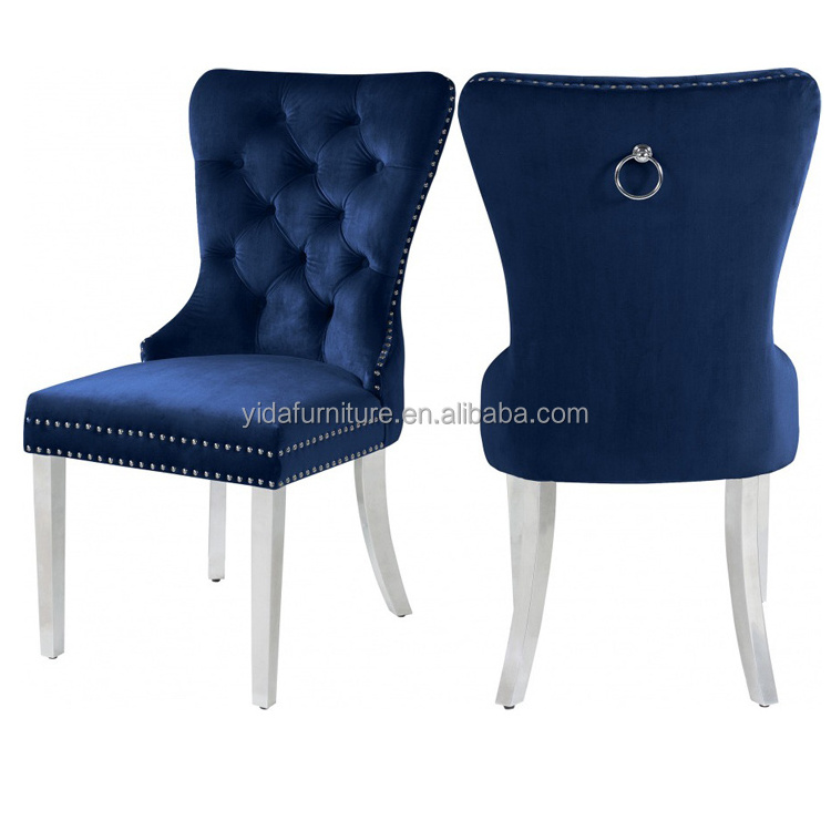 Customized Button Tufted Velvet Lion Knocker Back Modern Luxury Design Stainless Steel Legs Dining  Chairs