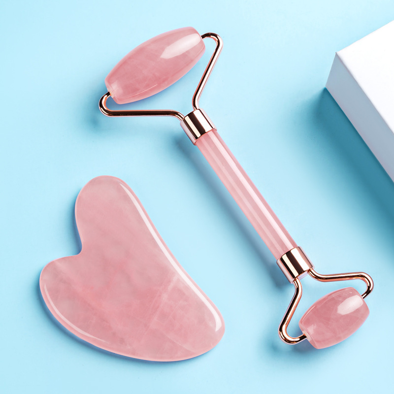 Best Price Handheld Quartz Roller Guasha for Beauty Facial Massage Tool with Box Rose Quartz Gua Sha and Jade Roller Set