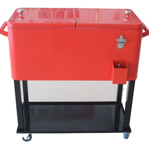 80QT 73L  outdoor metal stainless steel rolling patio cooler ice chest with wheels and shelf