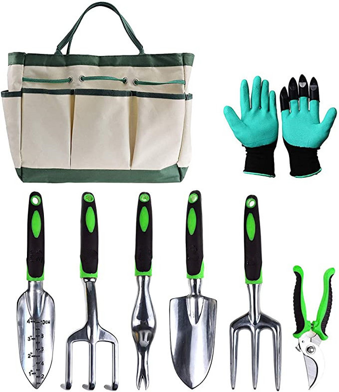 Garden Tool Set, 11 Piece Aluminum Alloy Steel Hand Tool Starter Kit with Garden Bag, Outdoor Tool