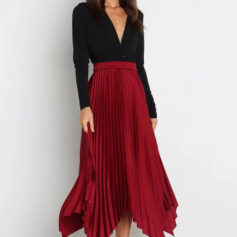 Hot Selling High Quality Women Long Skirt Pleated Button Asymmetrical Hem Maxi Skirt For Ladies