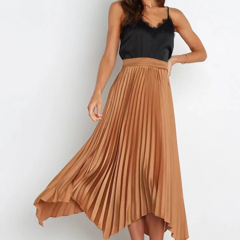 Hot Selling High Quality Women Long Skirt Pleated Button Asymmetrical Hem Maxi Skirt For Ladies