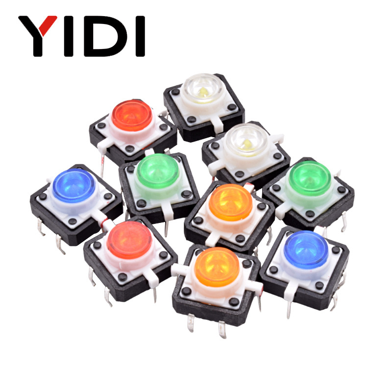 Micro PCB Reset Push Button Tact Switch with RGB LED Illuminated 12*12 4 Pin Dip 12V Tactile Button Momentary Switch