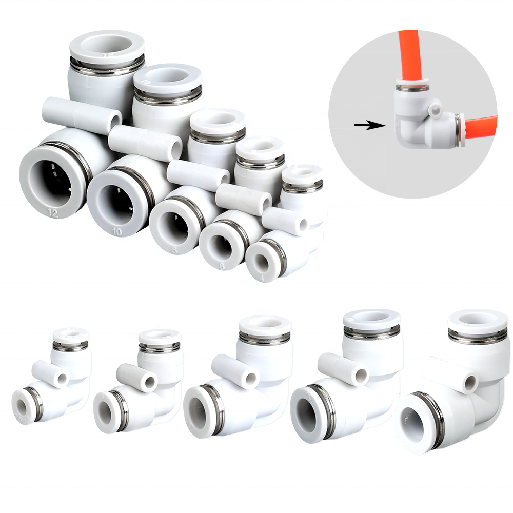 PV Pneumatic Air Plastic Equal Union Elbow Pipe Fitting Push Fit In Hose Fittings Quick Corner Connector 4 6 8 10 12 4mm 6mm 8mm