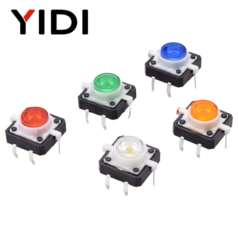 Micro PCB Reset Push Button Tact Switch with RGB LED Illuminated 12*12 4 Pin Dip 12V Tactile Button Momentary Switch