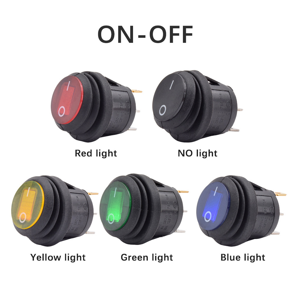 Waterproof On Off On Rocker Switch 12V 24V 2pin 3pin with LED Lamp Illumination Round Rocker Switch Red Green Yellow Blue Light