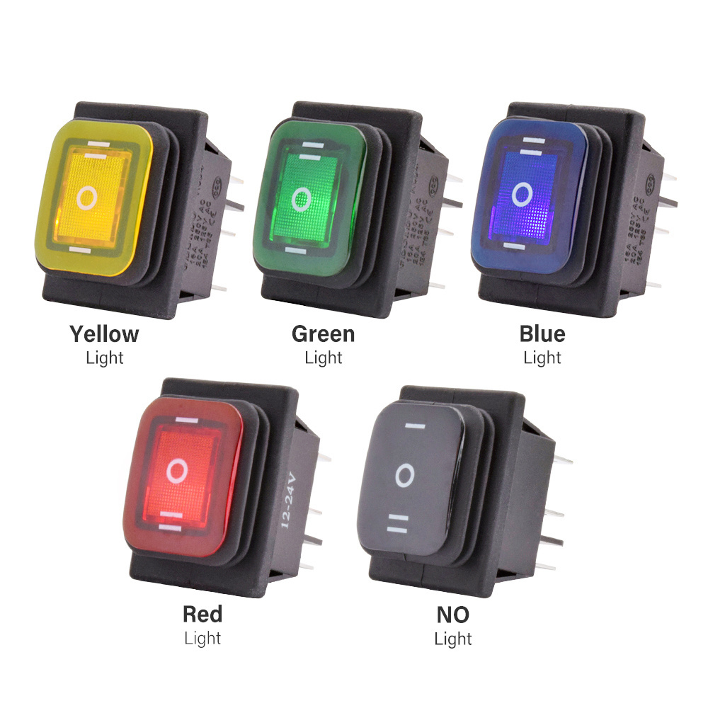 KCD4 Waterproof Power 6 Pin 3 Position DPDT On Off On Rocker Switch 16A LED Light 22 x 30 mm 12V 24V 220V Red Green