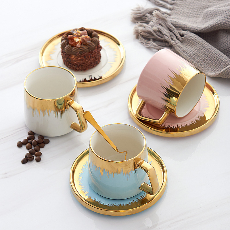 golden new ceramic tea cup and saucer ins home office 250ml custom ceramic couple gold rim coffee mugs gift