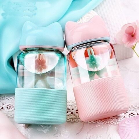 340ml fox rabbit ear cover glass student water cup Korean small capacity tea water bottle