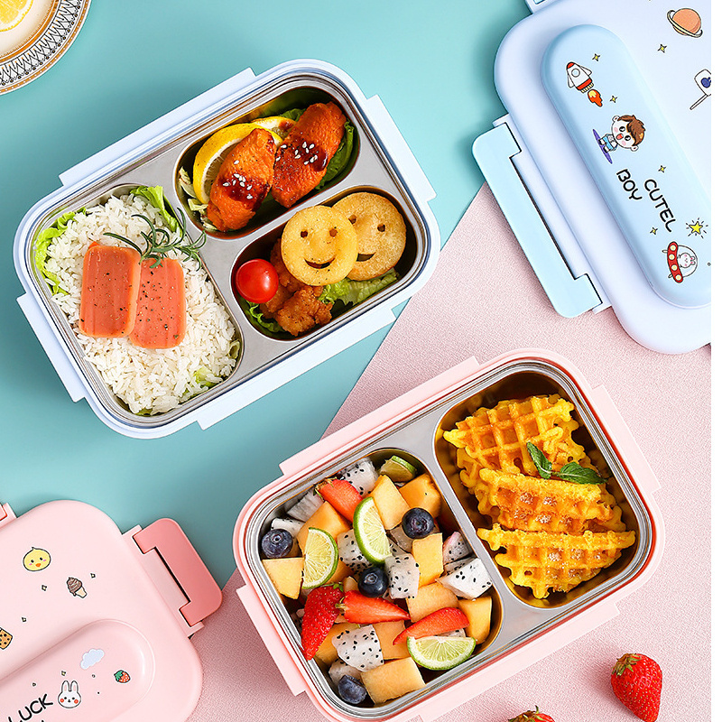 Cool boy Stainless steel insulated lunchbox student cute kids grid lunch box portable lunch plate bento box wholesale