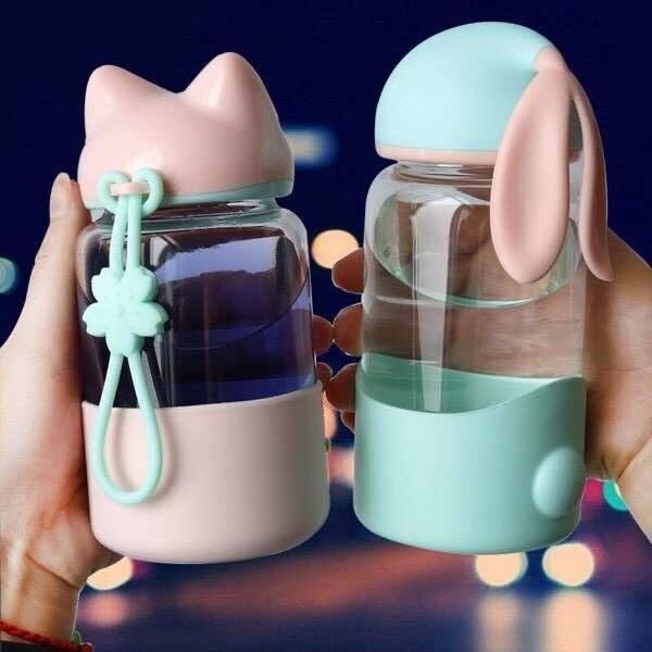 340ml fox rabbit ear cover glass student water cup Korean small capacity tea water bottle