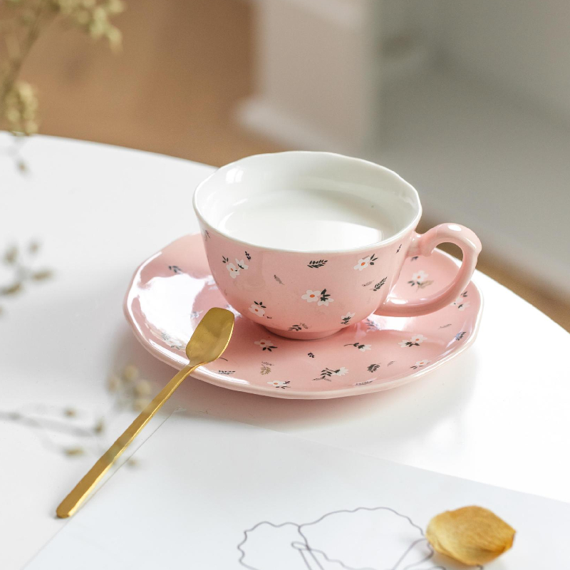 European 165ml luxury small flower ceramic mug saucer coffee set with spoon office men and women drinking mug